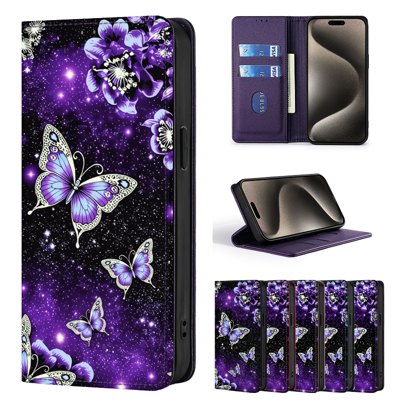 TEMU Phone Case - 2dflat Fashion Colorful Painted Double-fold Edge, Faux Leather Flip Cover Creative Phone Case With Card Slot Anti-theft Stand