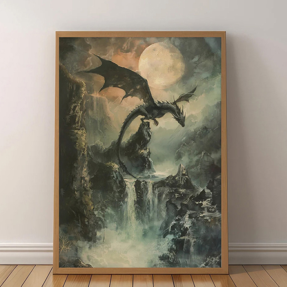 TEMU 2D Plat, [2D Plat] 1 pièce, Cadre, 12X16 Pouces, Art Mural Dragon DND, Peinture à l'Huile , d' , Décoration de Salle de Jeu, Esthétique de
