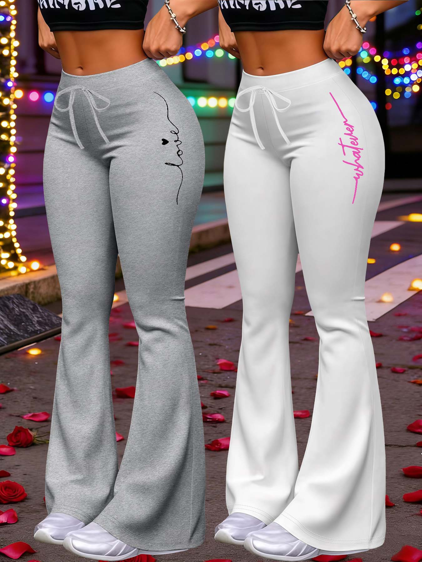 New Women'S Fashion for Valentine'S Day 2026 Featuring Stylish, Lightweight Artistic Minimalist Lines And Casual Attitude Text Prints. Includes High-Waisted Drawstring Slim-Fit Stretchy Flared Straight Pants in a Two-Piece Set
