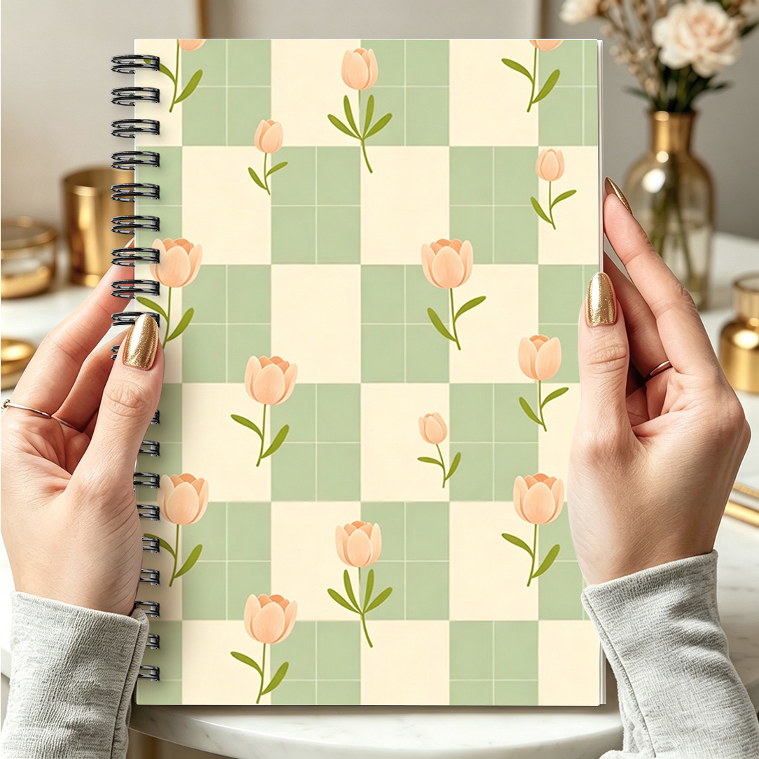 TEMU 1pc A5 Wide Ruled Spiral Notebook With Minimalist Tulip Checkerboard Cover - Cute Lined Journal Suitable For Math Students, School Supplies,