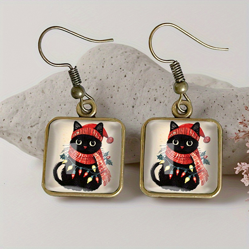 TEMU 1 Pair Christmas Scarf Black Earring Retro Glass Dangle Earrings Handmade Jewelry Gift