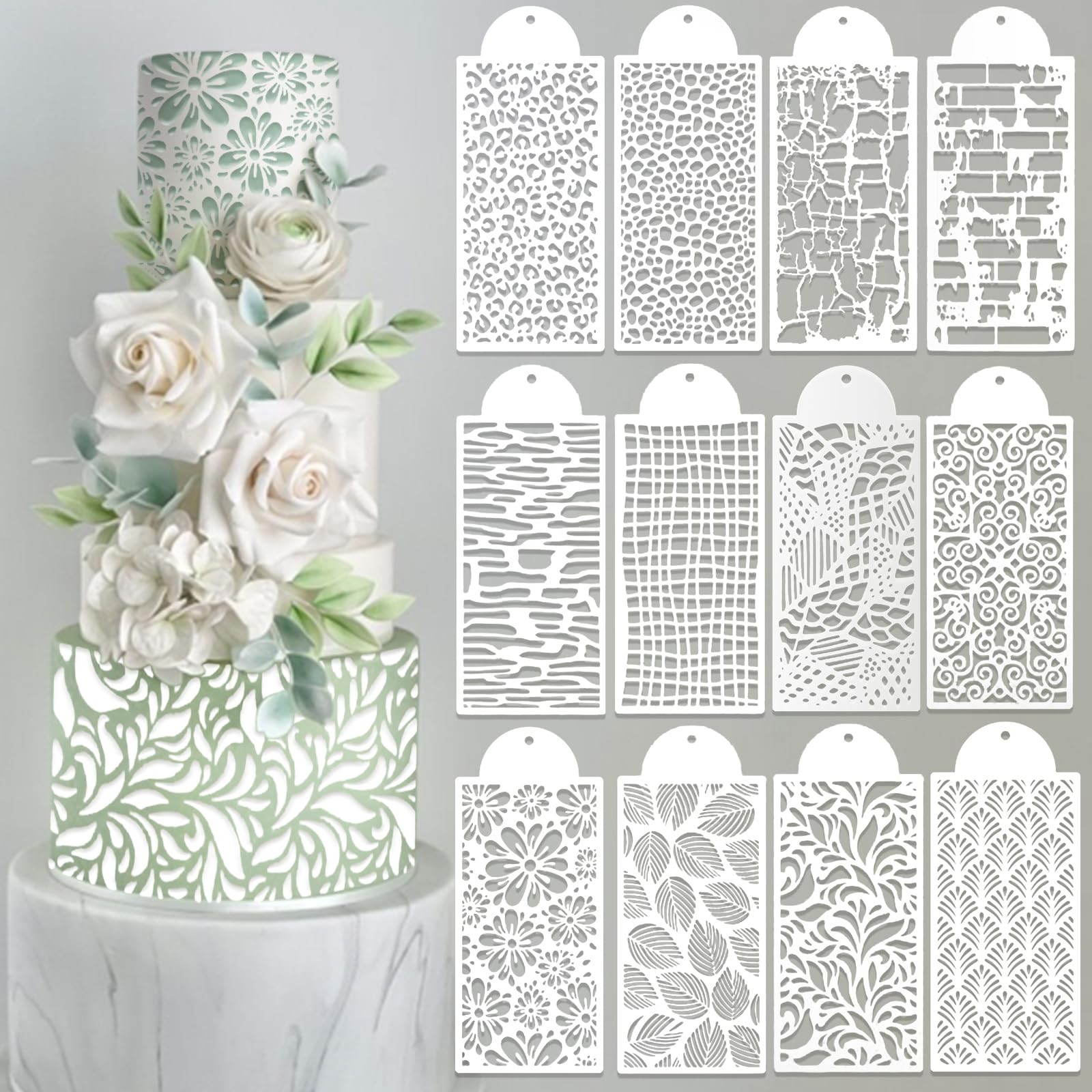 TEMU 12pcs Cake Mold/template Set, Featuring Patterns Including Floral Leaves, Leopard Print, And Lace Designs