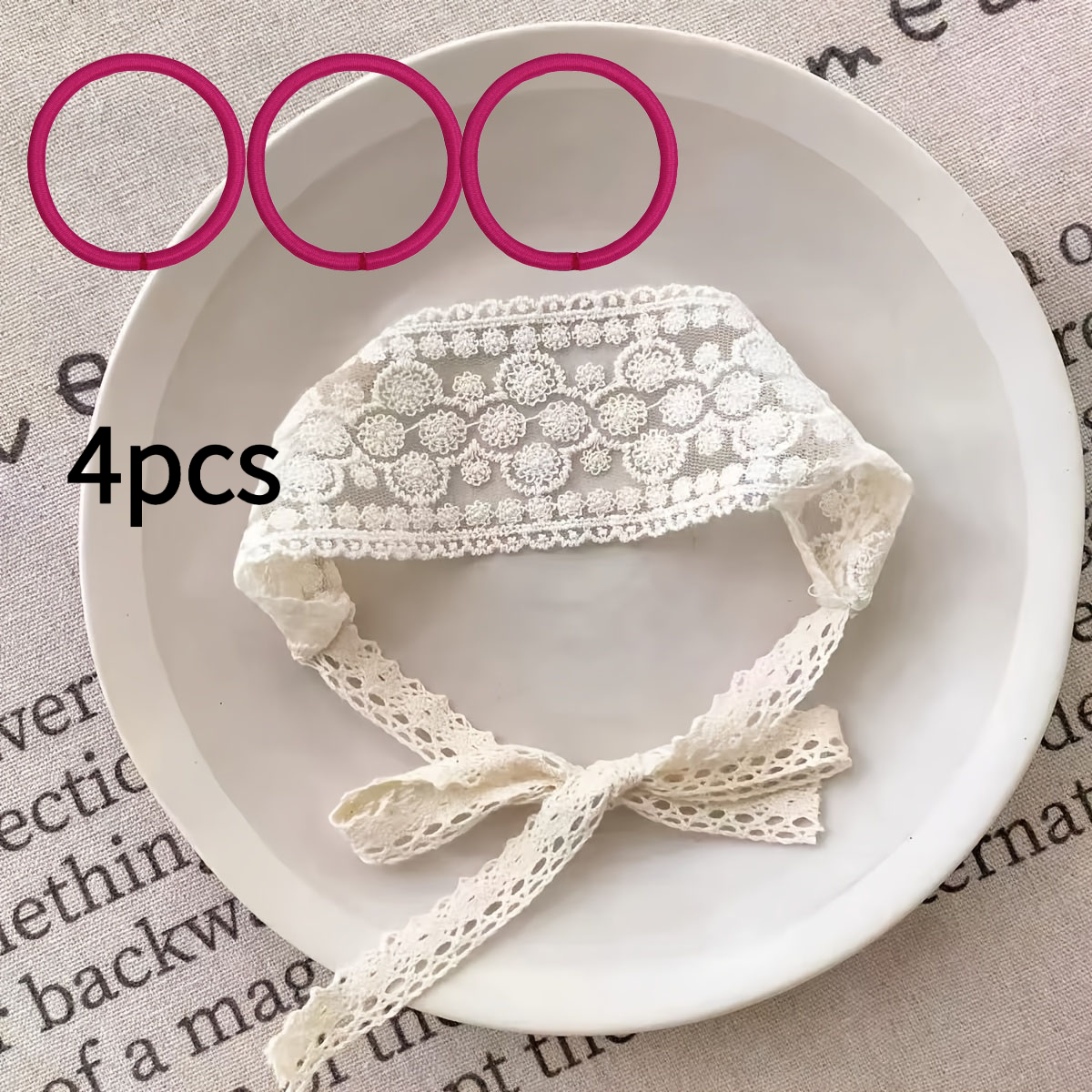 TEMU 4pcs (1pc Lace Headband And 3pcs Hair Ties) Solid Color Printed Lace Headband, Hair Accessory, Lace Floral Print Headwear, Hair Ties Random Pink