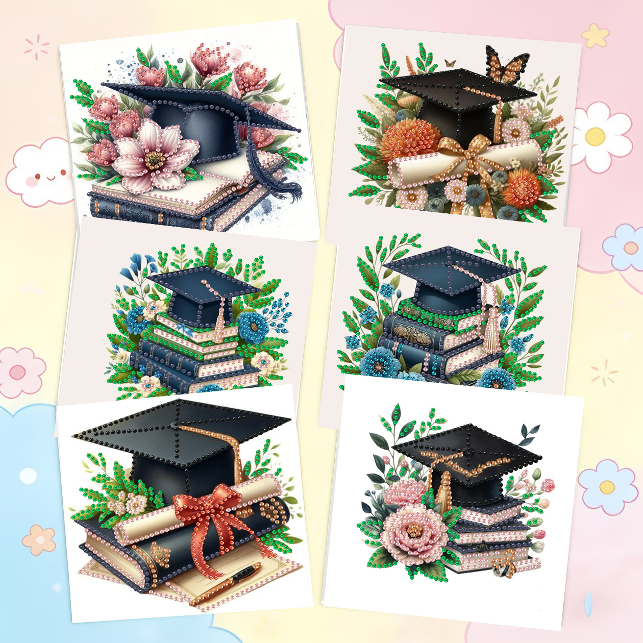 TEMU 6pcs Graduation Season Theme Diamond Painting Greeting Card Bachelor's Hat Set, Expressing Your To , Vibrant Colors And Rich Details Make This