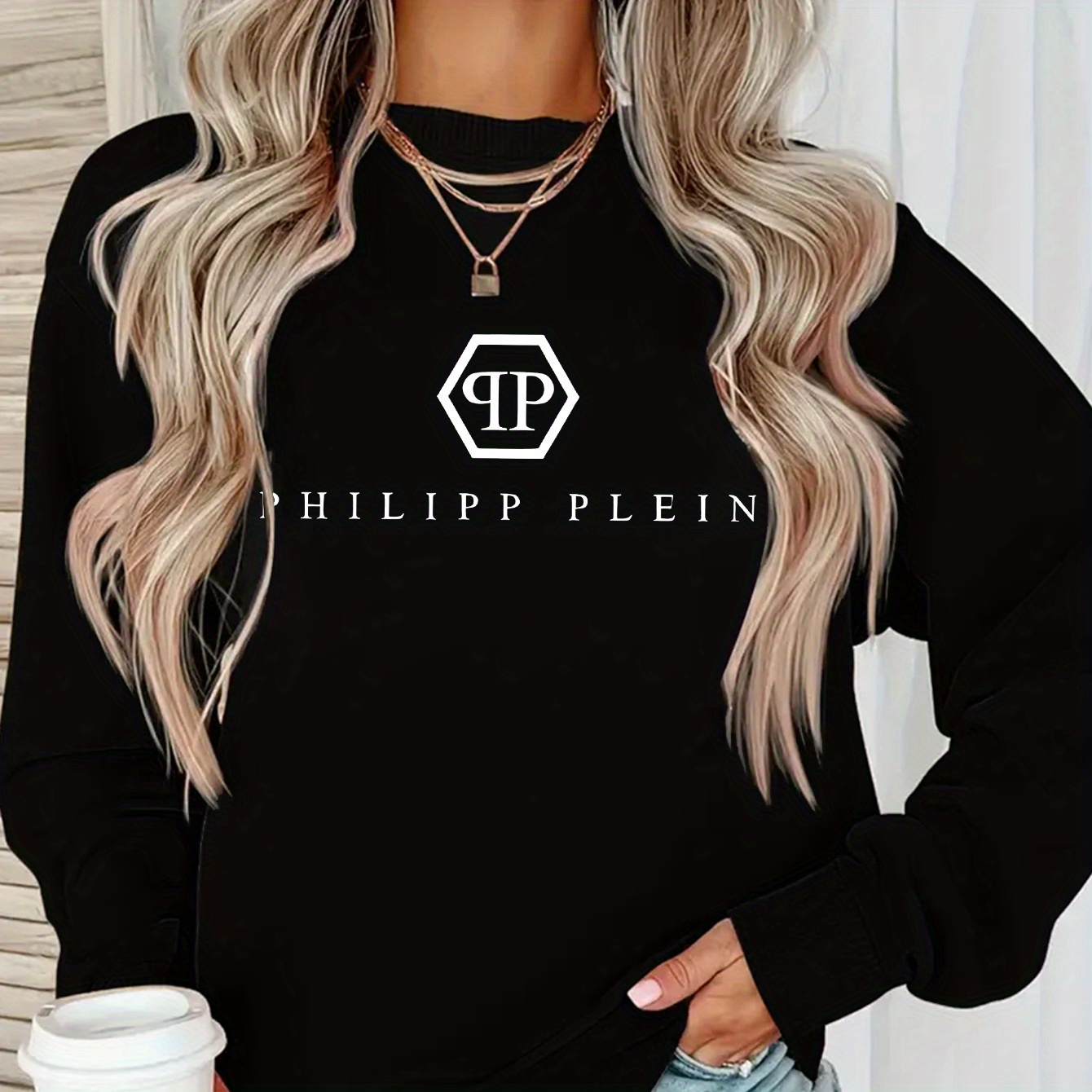 

Wear) Philipp Plein Elegant Crew Neck Pullover Sweatshirt, 100% Polyester Knit Fabric, Alphabet Print Long Sleeve Fleece-lined Casual Sportswear For Adults - All , Sporty Sweatshirts