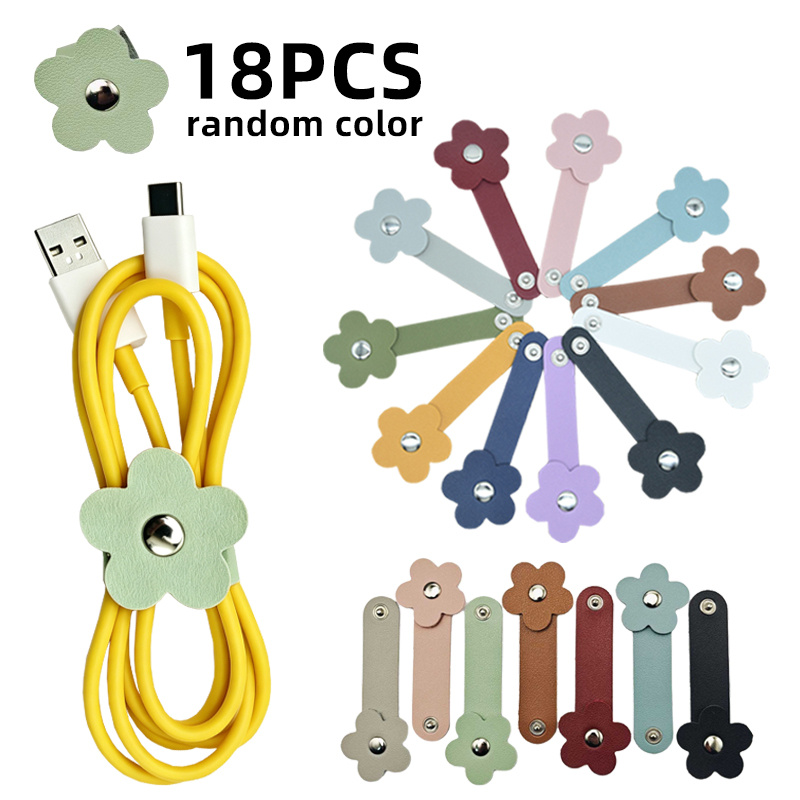 TEMU 18pcs, Random Colors, Quick-release Patterned Data Cable Storage Tools, Pu Leather Winding Reel Cable Organizer, Headphone Charging Cable
