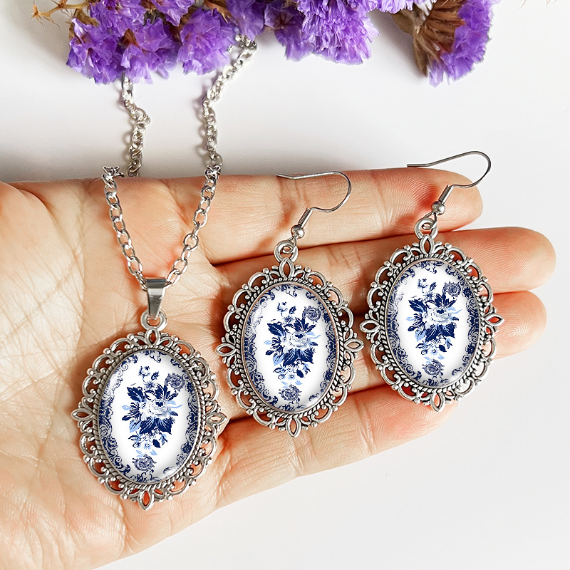 TEMU Set regalo 3 pezzi: orecchini e collana con fiori artistici in porcellana blu e , con aggiunta di vetro