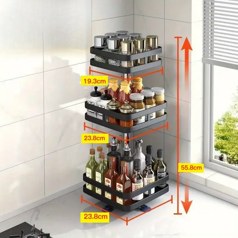 360 degree rotating kitchen organizer durable stainless steel spice seasoning rack with layered shelves for oils salts vinegar Product details 3