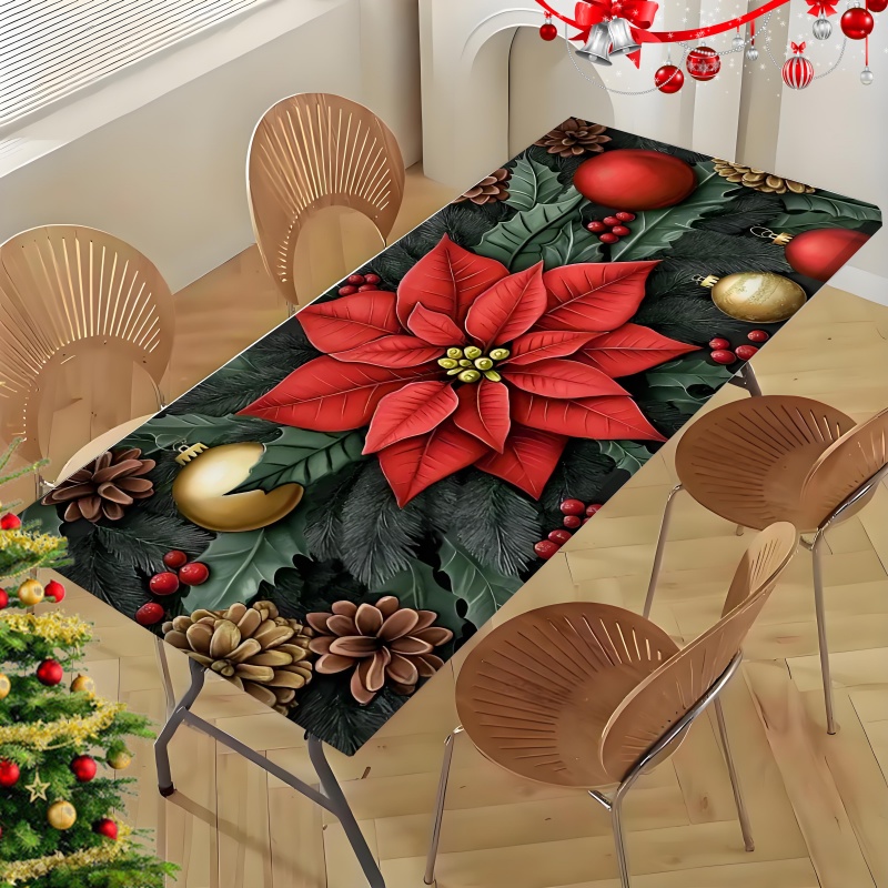item picture   christmas elastic polyester tablecloth poinsettia and gorgeous christmas ball   suitable for indoor outdoor tablecloth rectangular machine washable durable polyester fiber suitable for home decor kitchen dining room