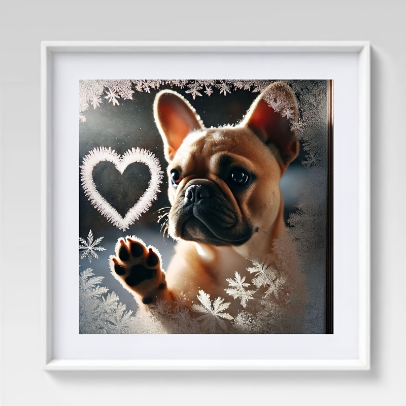 Image of 2d Flat Diamond Painting Drill Art Kit, Heart-shaped Ice Window Flower Canine Animal Theme Diamond Painting Kit For Adults, Set (frame Not Included), 2d Flat