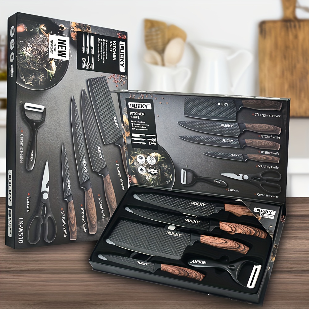 TEMU Hand- German Steel Full Tang Knife Set Of 6pcs | Heavy-duty Non-slip Handle, Chef's Knife + Cleaver + Bread Knife + Multifunctional Knife +
