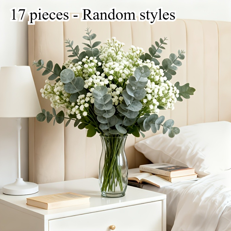 Image of 17/27pcs - Premium Artificial Flower Set, Mixed Eucalyptus Leaves And Stems + Gypsophila, Silvery Leaf , High-quality Realistic Leaves, Durable Plastic Material, Suitable For Diy Bouquets