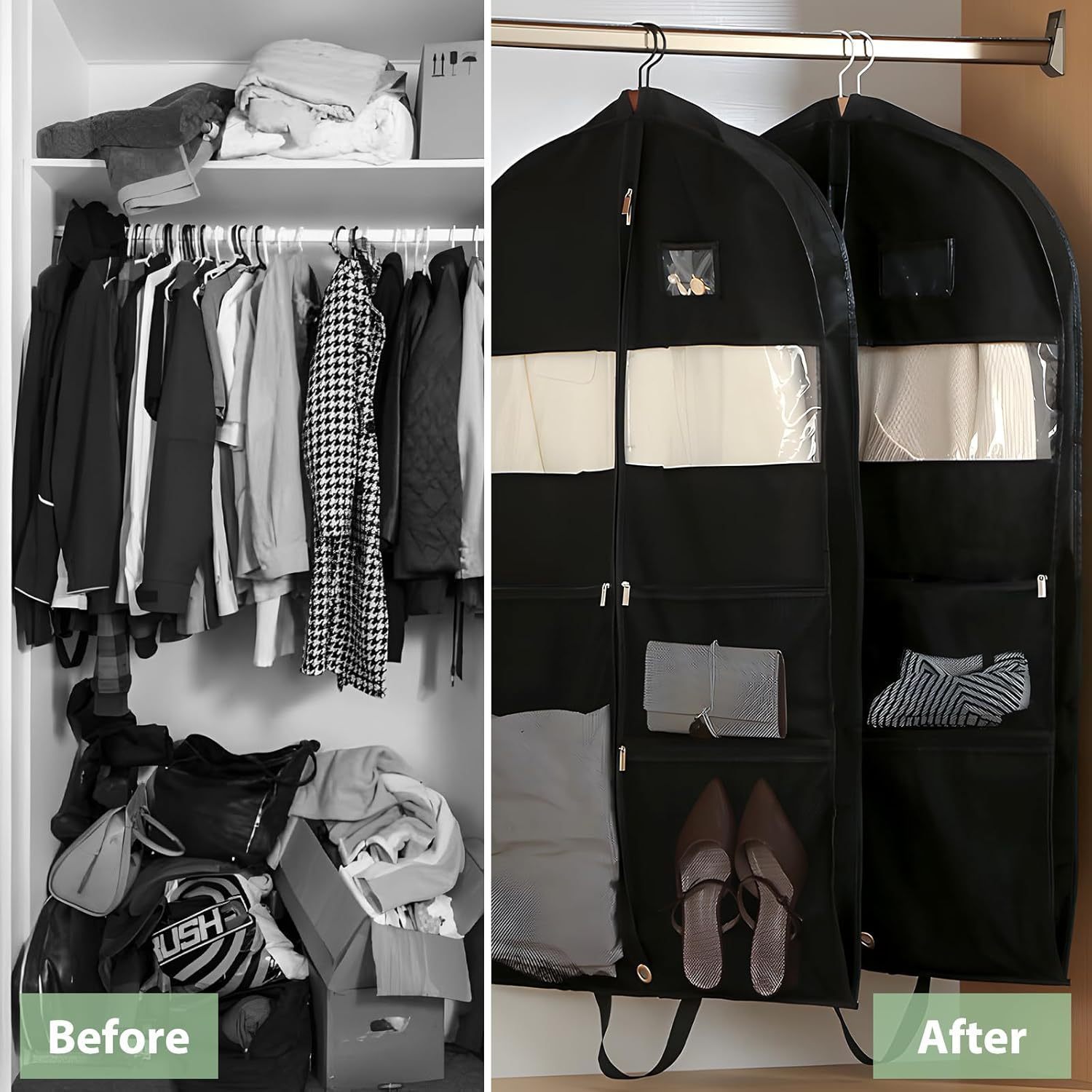 durable canvas garment bag for suits dresses coats travel storage organizer with transparent window zippered pockets multi compartment shoe storage sturdy handles foldable clothes cover travel garment bag sleek garment bag zippered compartments clothes organizer storage details 4