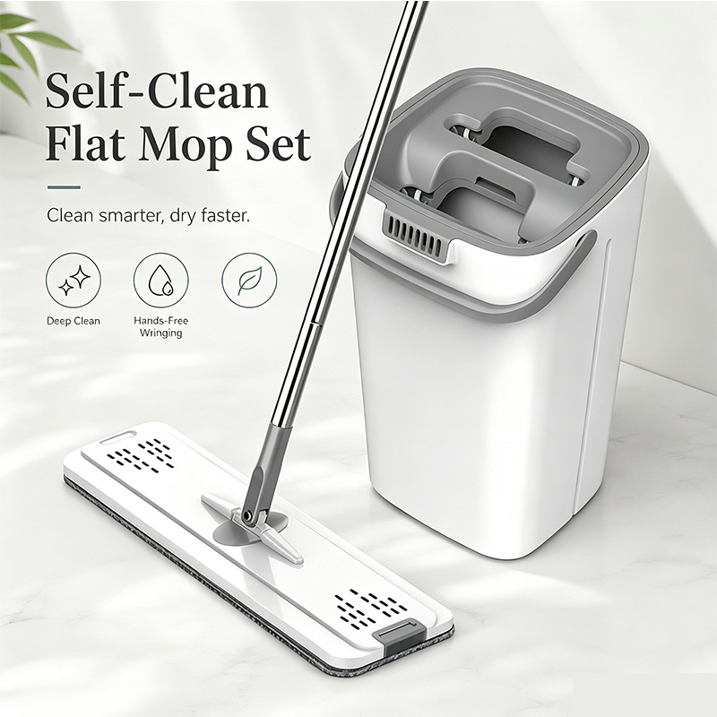 TEMU Self-cleaning Flat Mop And Bucket Set, Wringing Wet Dry Floor Mop For Hardwood, Tile, Laminate, Kitchen, Bathroom, Bedroom And Home Cleaning