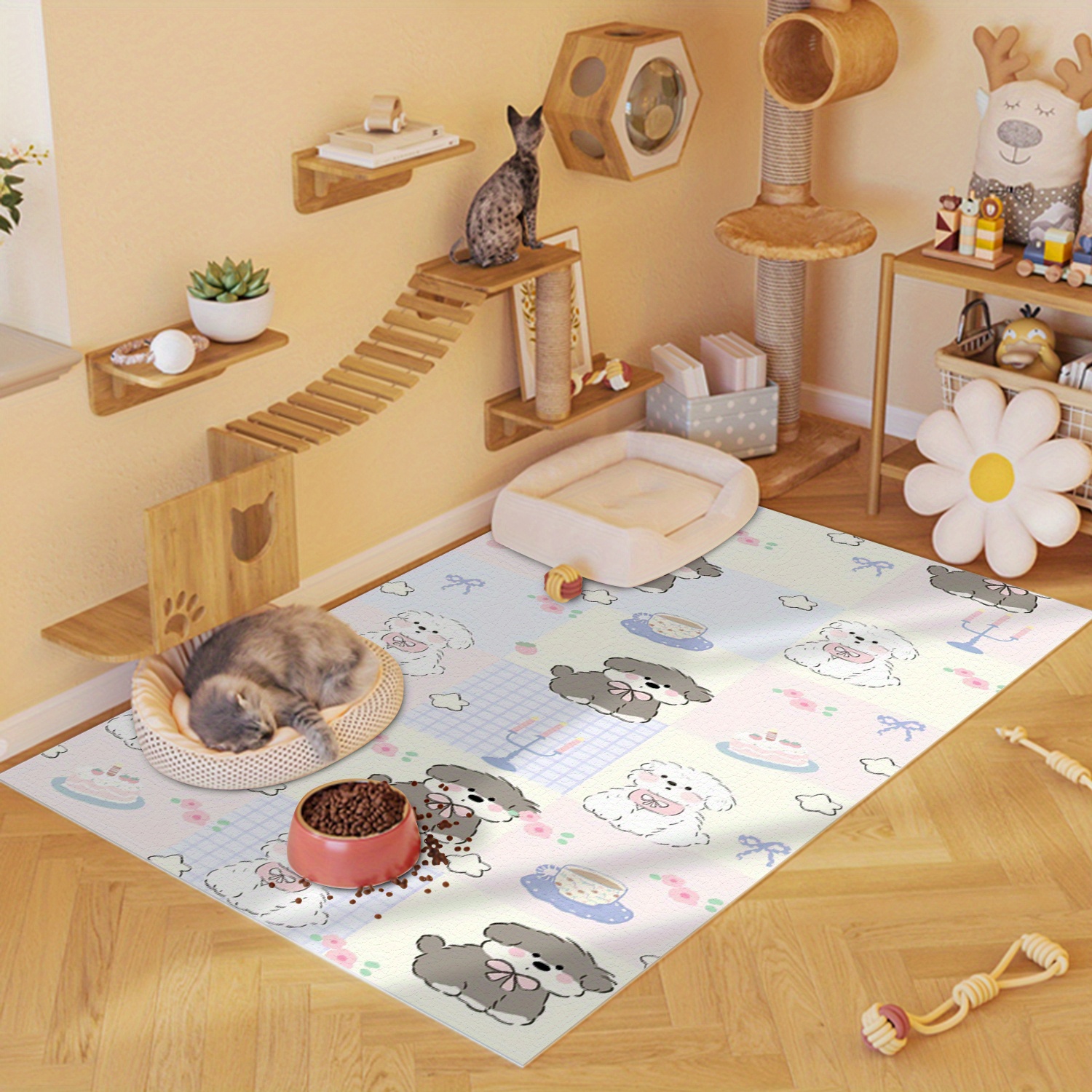 large plush non slip dog mat with adorable black white puppy design   chew resistant washable pet bed multi size soft polyester floor mat for feeding play home decor large dog bed Product details 1
