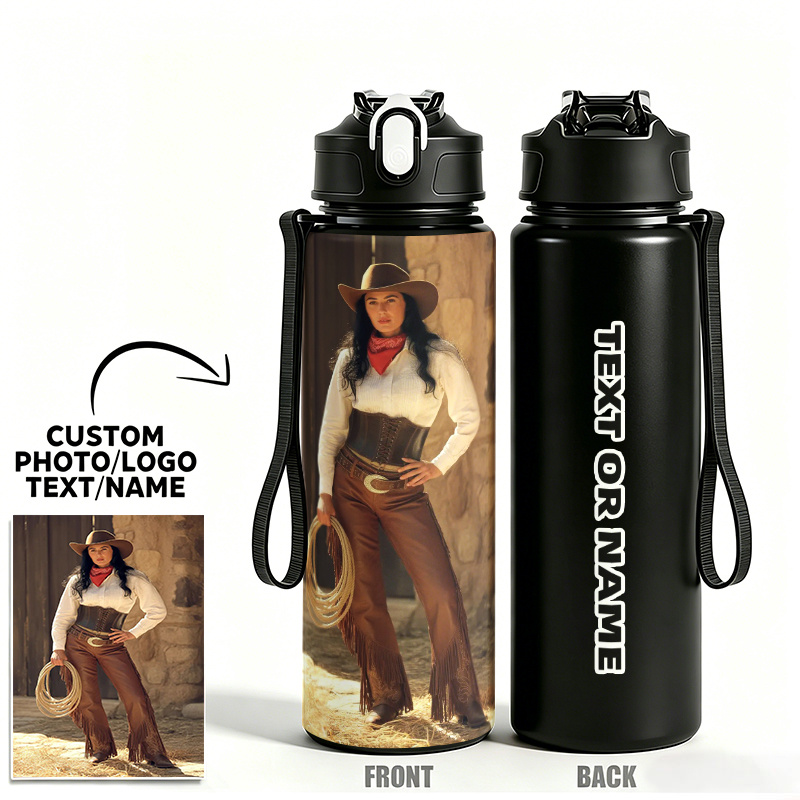 TEMU Bouteille d'eau personnalisable 750 ml/25 oz avec nom et motif, gourde de sport en plastique -fuite, noir gras vertical " OU NOM" sur fond blanc