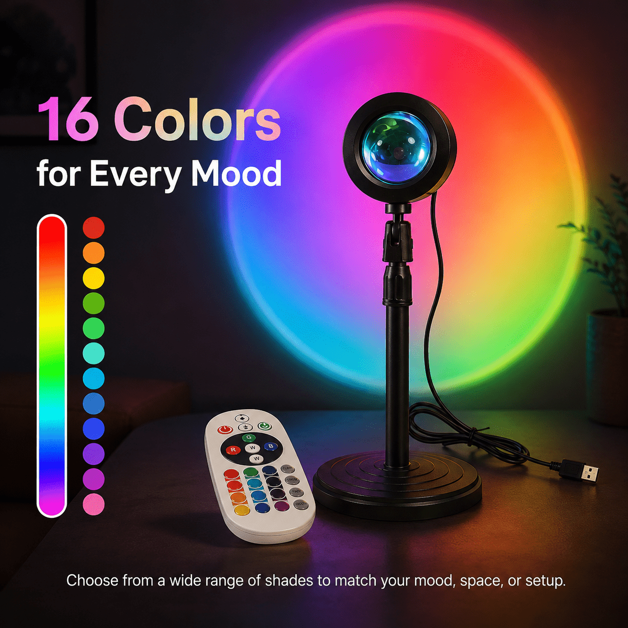 TEMU Lampe de projection de RGB 1 pièce avec télécommande, 16 couleurs et 4 d'éclairage, support rotatif réglable à 180°, projecteur de alimenté par