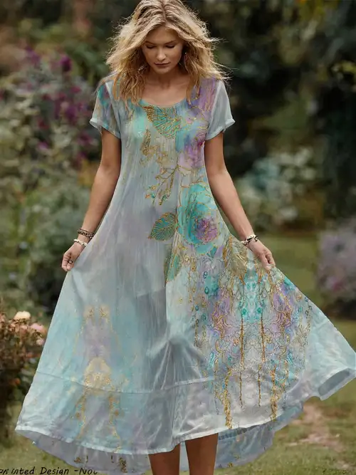 bohemia chiffon long floral print dress Women's long dress, Bohemian chiffon floral print V-neck long dress