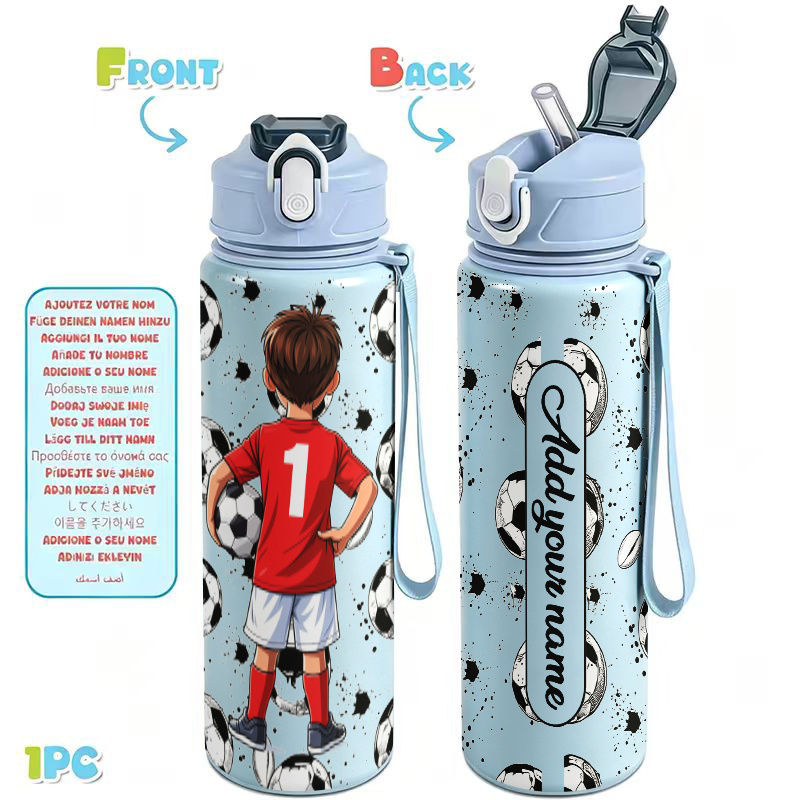 TEMU Custom Personalized Photo Image And Name Text Water Bottle 1pc 750ml 25oz Leakproof Sports Water Bottle Cup Back View Of A In Jersey, Surrounded