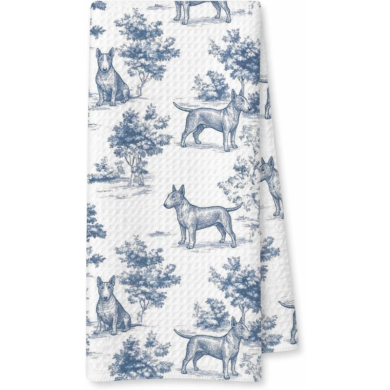 TEMU 1pc 18x26 And White Chinoiserie Bull Terrier Gift Dish Towels For Bathroom Kitchen, Bull Terrier Gifts For Women, Vintage Toile De Dog Kitchen