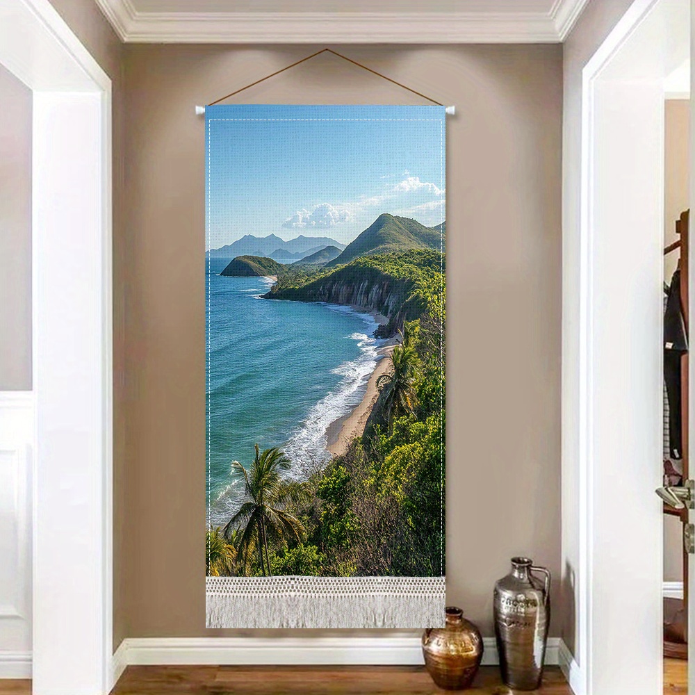 seaside scenery printed tassel wall hanging coastal beach scene with palm trees and ocean waves   bedroom or living room decor adds   to   bedroom wall decor   flowing design beach theme decor