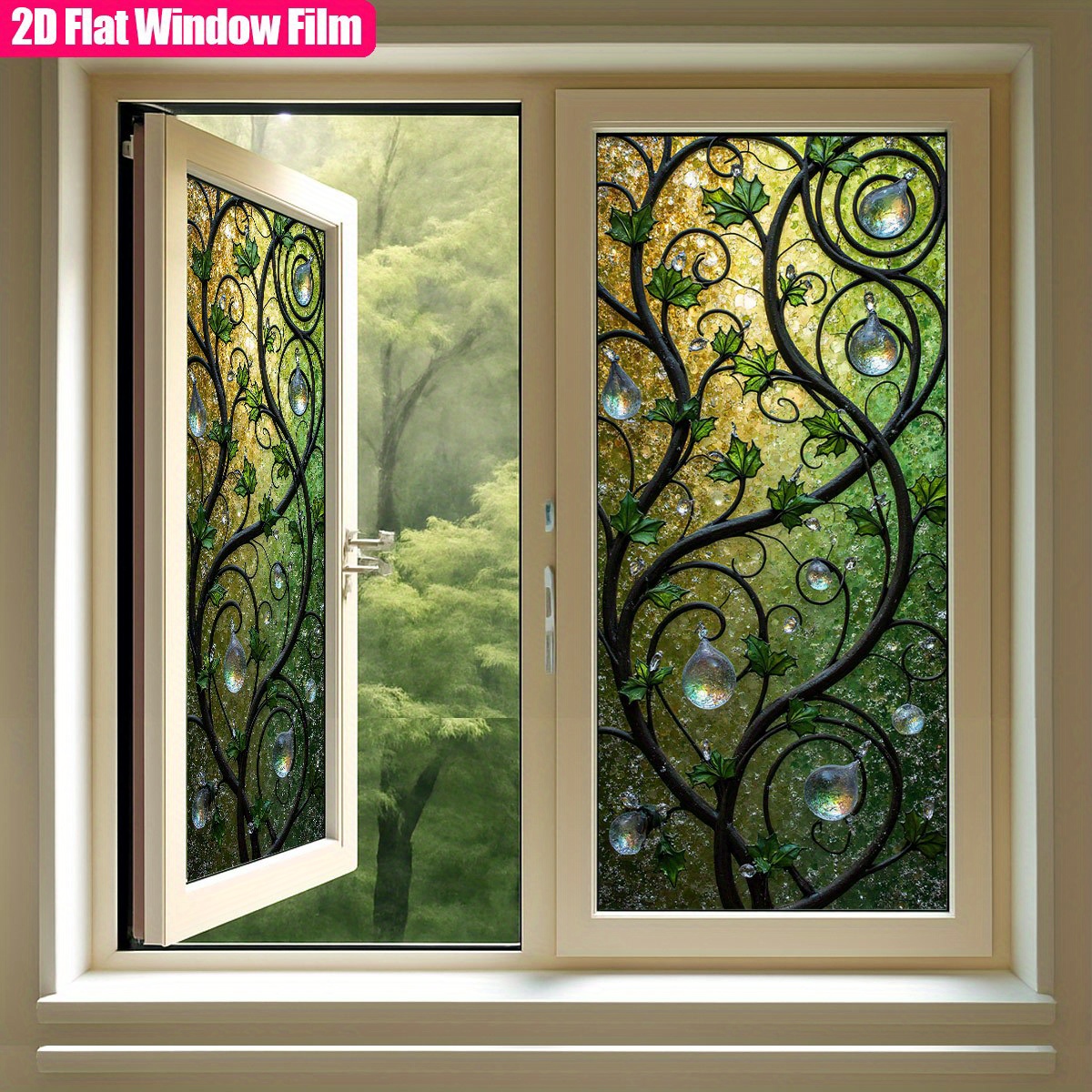 TEMU 2d Flat - 2d Flat - 1pc Of 2d Flat Frosted Static Cling Pvc Window Film Featuring A Christmas Decorative With Vines, Leaves, And Hanging