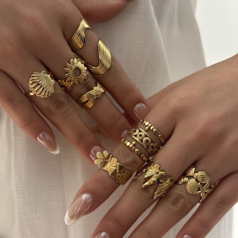 TEMU 8pcss Stainless Steel Vintage Floral Relief Multi-element Ring 8pcs Set, Bohemian Set Artificial Shell Sunflower Carved Rings Retro Niche