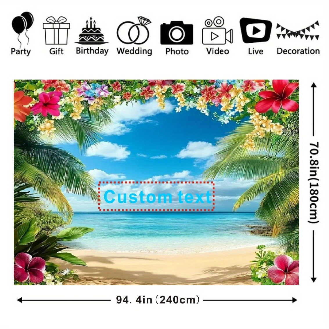 TEMU Bannière de fond personnalisable avec , motif plage de mer d'été hawaïenne, contenu personnalisé adapté aux fêtes de plage hawaïennes, aux de