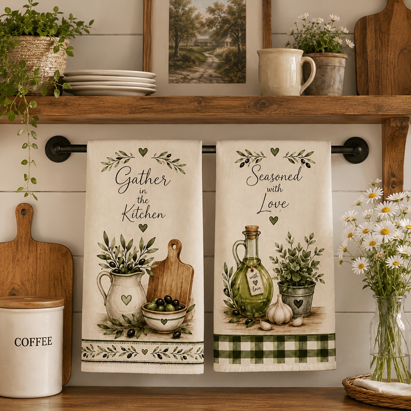 TEMU Cleaning Cloth 2pcs Kitchen Towels Green, Kitchen Towels, Tea Towels, Olive-themed Kitchen Towel Set, Funny , Kitchen Counter Decor, Soft And