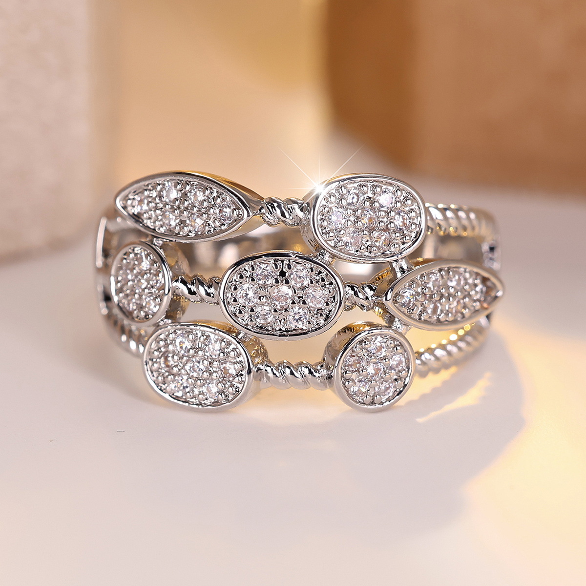 Women's Elegant Multi-Oval Paved Wide Statement Ring