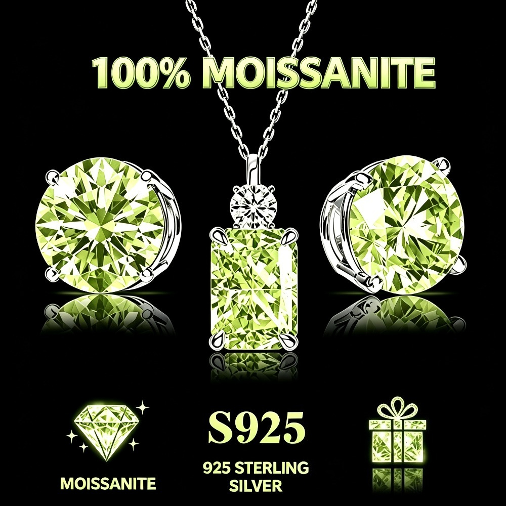 TEMU Women's 2pcs Jewelry Set, 925 Silvery Four-claw Earrings And Necklace Set, Tender Grass Green Moissanite Stud Earrings With Synthetic Cubic