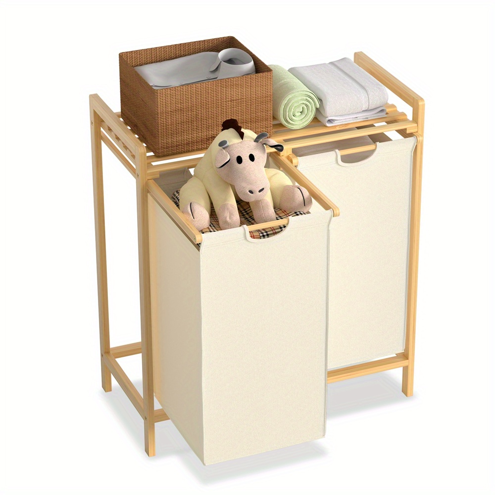 TEMU Laundry Basket 2 Compartments Bamboo Laundry Sorter With Shelf Laundry Collector Removable Laundry Bags Laundry Separator For Bedroom Laundry