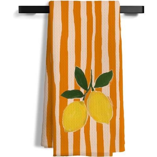 1 pieza de toallas de cocina a rayas de limón y naranja, adecuadas para decoración de cocina, paños de cocina de limón , toallas de decorativas bohemias modernas de mediados de para baño, lavables a máquina con estampado de limón