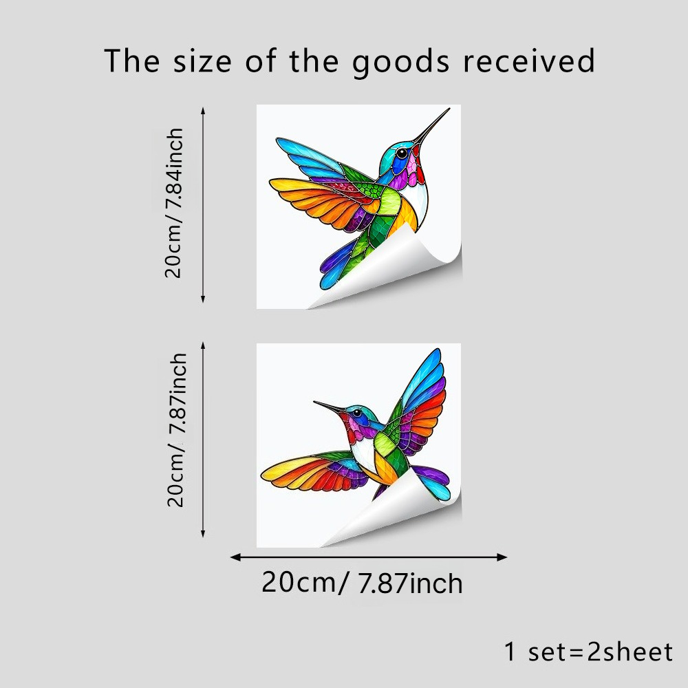 TEMU 2pcs Stained Hummingbird Static Window Sticker, Glue-free Reusable Window Decor, Colorful Stained Glass Bird Pattern Glass Decal, Home Floor