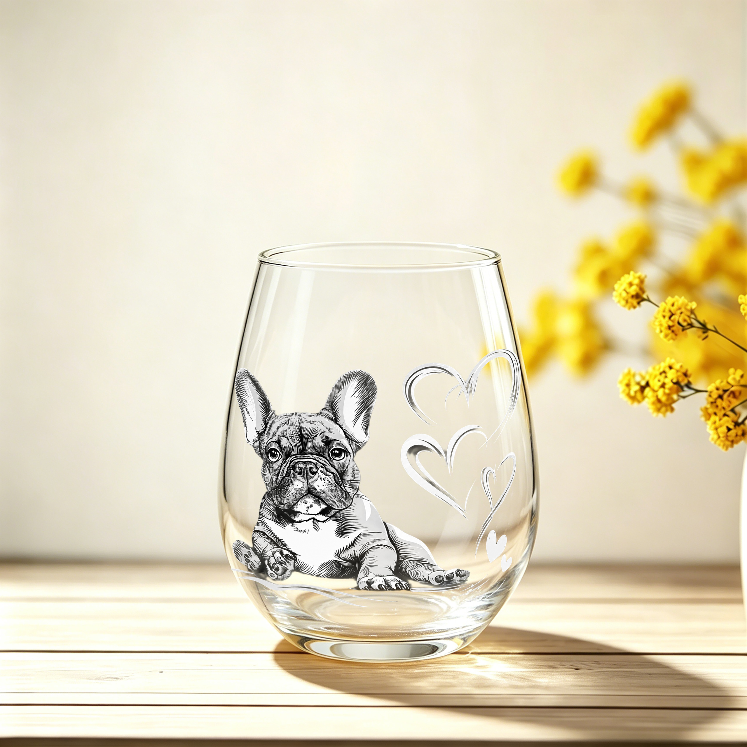 TEMU 1-pack / French Bulldog Pattern, 350ml / Clear Drinking Glass, Stemless Wine Glass, Egg-shaped Glass, Champagne And Whiskey Glass,