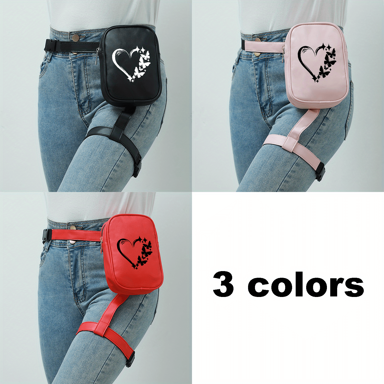 Butterfly Heart Print Adjustable Waist Bag - Lightweight Synthetic Mini Leg Bag for Phone, Cycling & Fitness, Pink Nylon Storage Pouch with Heart Design, Outdoor Sports Accessory, Playful Accessory, Secure Zipper Closure