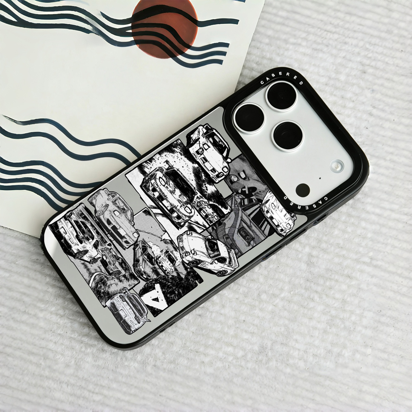 TEMU Phone Case - Black And White Comic Style Jdm Classic Sports Car Printed Mirror Phone Case Anti-scratch Wear-resistant Anti-fingerprint Full Lens
