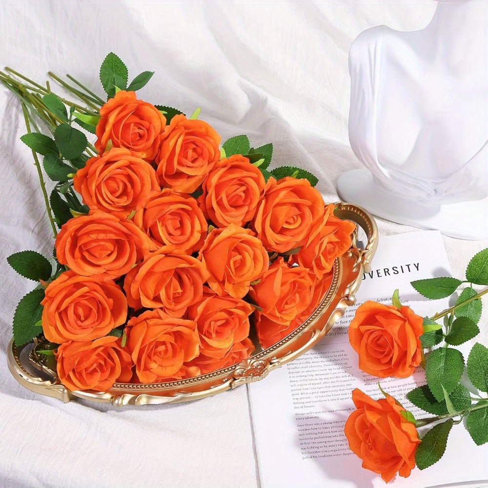 Image of 20pcs Artificial Roses Burnt Orange Fake Roses Realistic Roses Faux Flower Indoor Wedding Home Decor, Birthday Decorations