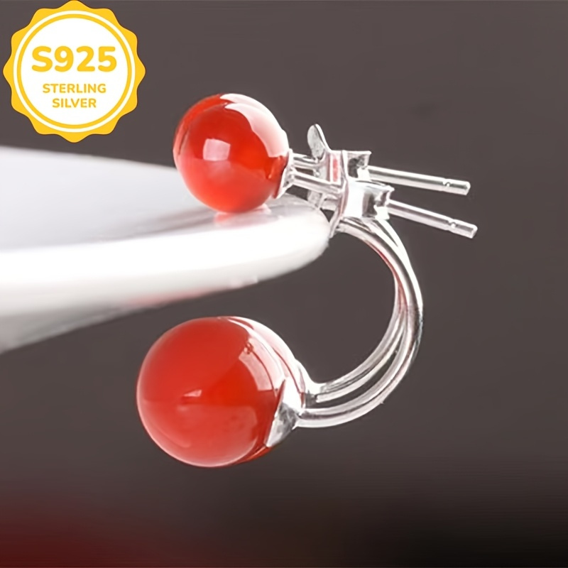 Women's Red Agate Stud Earrings, Hypoallergenic S925