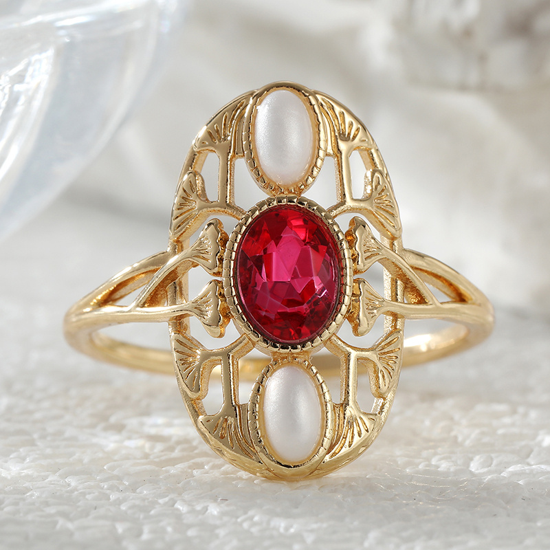 Women's Vintage Red Synthetic Zirconia Hollow Ring, Handmade