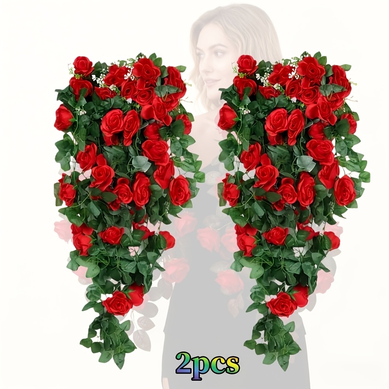 TEMU 2pcs Large Artificial Rose Vine, Red Rose Realistic Bouquet And Home Decoration, Suitable For Indoor/outdoor Holiday Decoration, Holiday