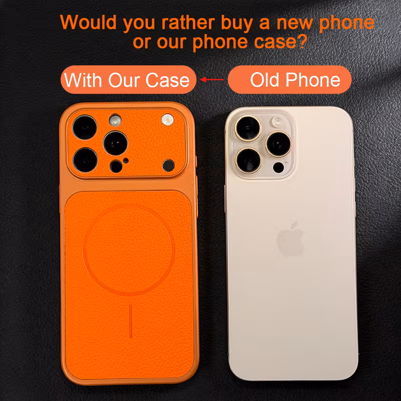 phone luxury instantly upgrade to 17 series orange artificial leather feel texture wireless charging phone case compatible with for iphone 17 16 15 14 13 pro air 17 magnetic shockproof soft border cover Product details 1