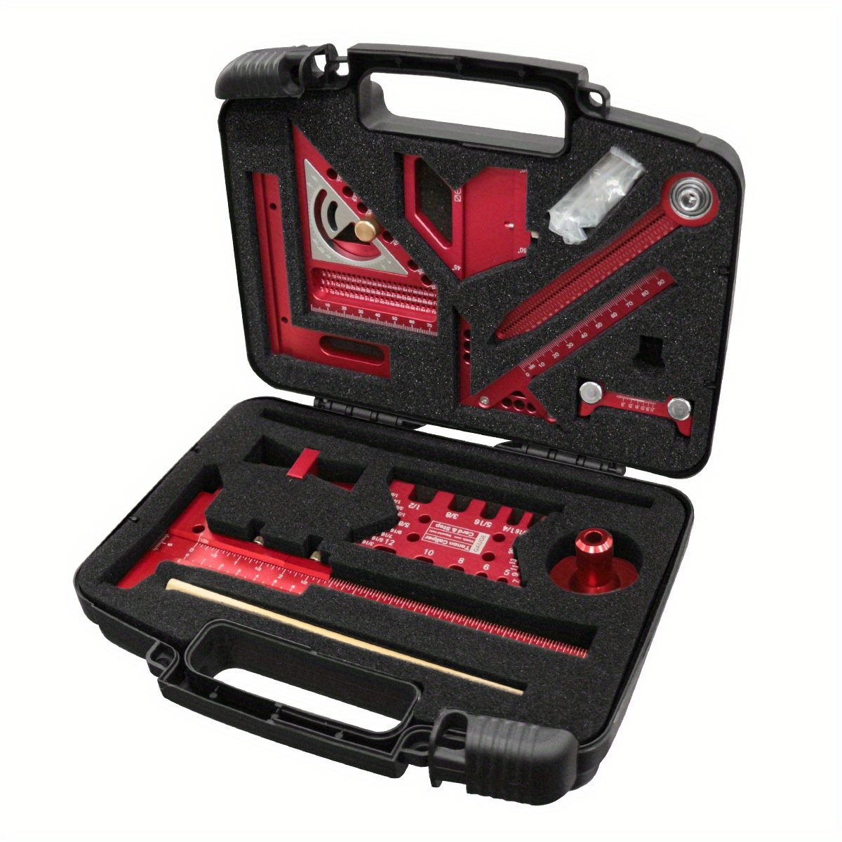 10件套木工测量工具套件带收纳箱，木工项目规划布局木板拼接辅助套件：多角度组合三角尺，定角磨刀器，燕尾规，欧式划线器，卡规，卡尺标尺二合一，中心划线器，直尺夹，画圆规 商品详情 7