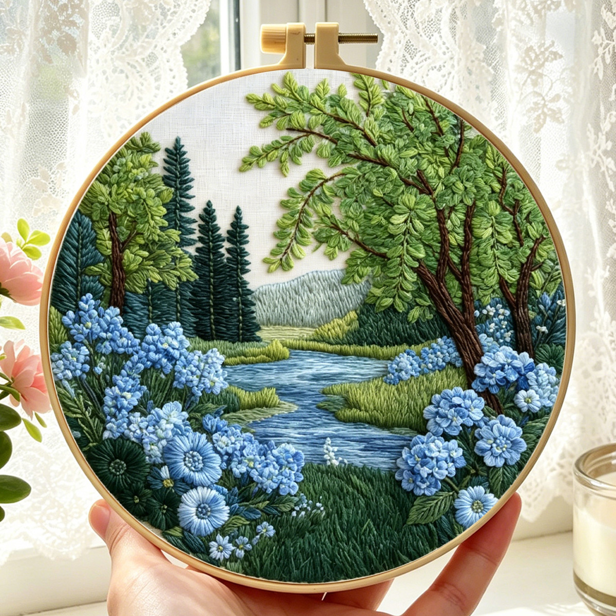 TEMU 1 Set Printed Embroidery Kit, Forest And Stream Pattern Hand Embroidery Kit, Suitable For Embroidery Enthusiasts And Adult Beginners, Includes