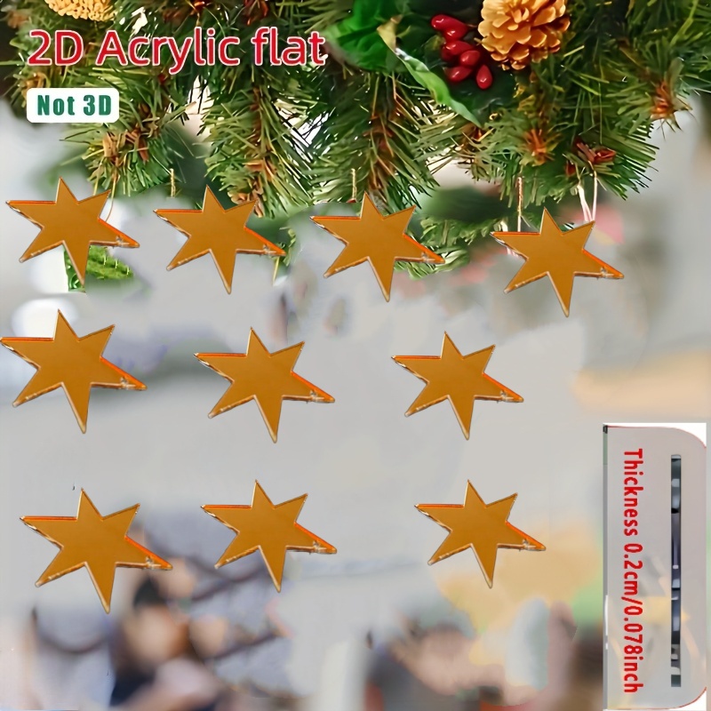 TEMU 2d Flat, 10pcs Mirror Acrylic Christmas Star Decorations With Hanging Hooks - Shiny Suitable For Tree Ornaments, Window Displays, New Year Decor