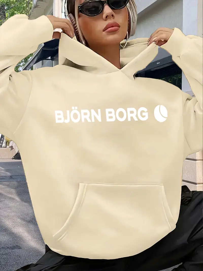 Apricot Women's Oversized Hooded Sweatshirt with Bold White Swedish Text Print (Björn Borg Lettering)