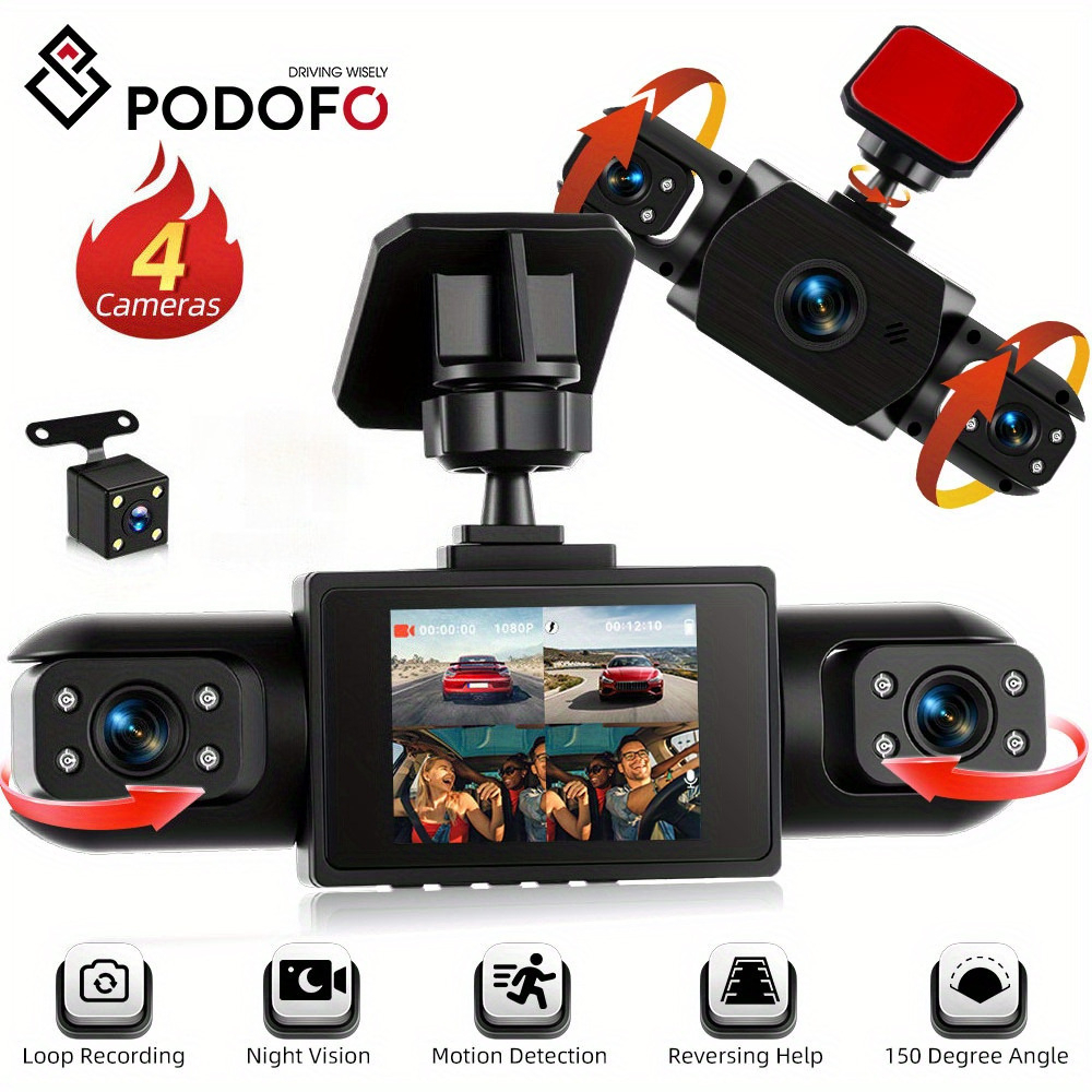 Podofo 2026 New 4 Channel Dash Cam Front And Rear Inside , 2 Inch 1080p Front And Rear Dash Camera For Cars Camera With Night Vision, Loop Recording, Parking Assistance, A Perfect Gift, Local Warehous