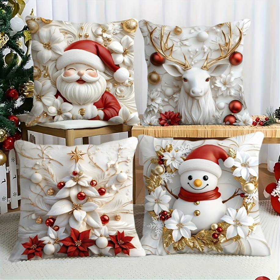 

A Set Of 4 Christmas Pillowcases, Printed Pillowcases Santa , , Snowman, And Christmas Tree , Washable, Zippers, Suitable For Sofa, Bedroom, Living Room Decoration, 100%