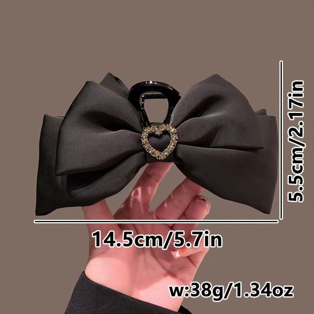 TEMU Elegant Black Bow Hair Claw With Diamond-inlaid Heart - Large Shark Clip For Thick Hair, Accessory For Women, Ideal For Weddings And Parties, Wedding Hair Accessory| Hairpiece|shiny Fabric Bow