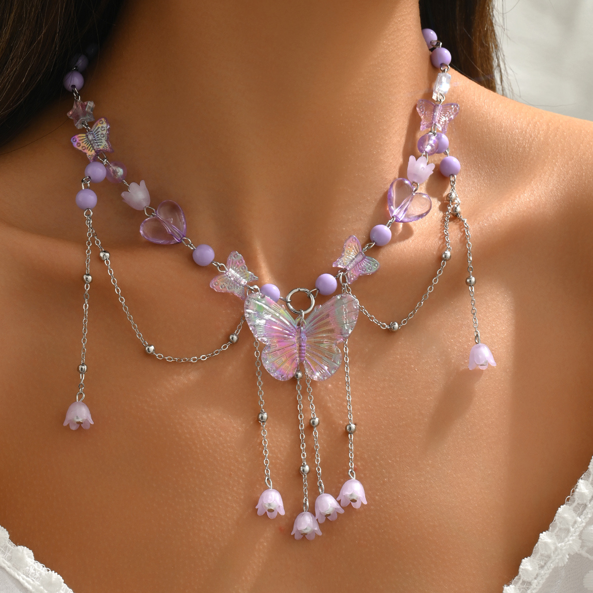 E-shop Böhmische Lila Acryl Stern, Schmetterling und Herz Perlenkette mit Quasten | Verstellbar, Ideal für Partys, Valentinstag und